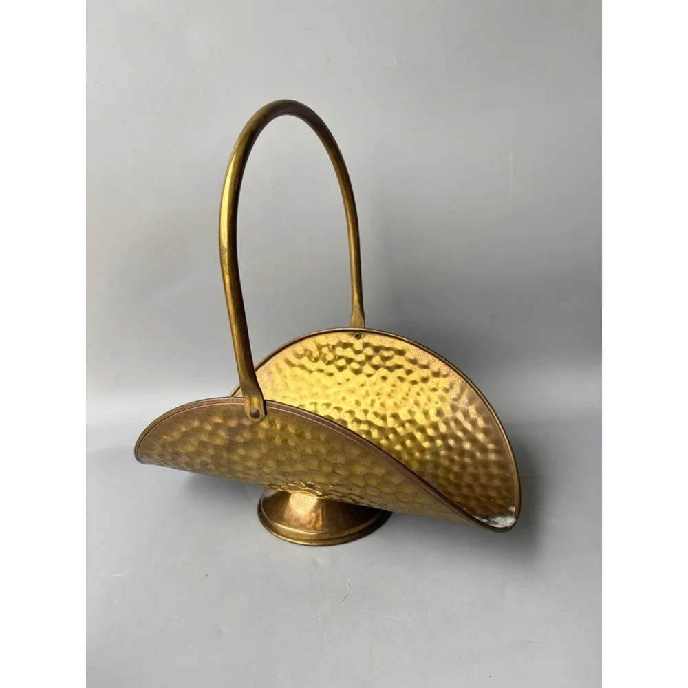 Vtg Hammered Brass Basket Pedestal Scuttle Handle Decorative Bowl Mid Century